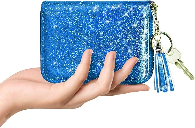 Coco Rossi Women's Small Credit Card Wallet RFID Cute Glitter Card Holder for Women, Navy Blue
