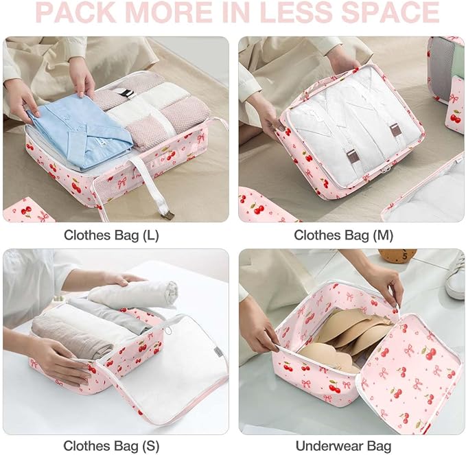 Packing Cubes for Travel,8 Set Luggage Organizer Bags with Mesh Top Panel, Lightweight Suitcase Organizers for Carry On, Family Vacation, Business Trip(Cherry Bows)