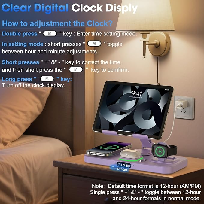 6 in 1 Wireless Charger for Apple Multiple Devices, Charging Station with Clock &7 Color Ambient Light, Foldable Rotate Stand for iPad, for iPhone17/16/15, Support for Apple Watch11/10 for AirPods4