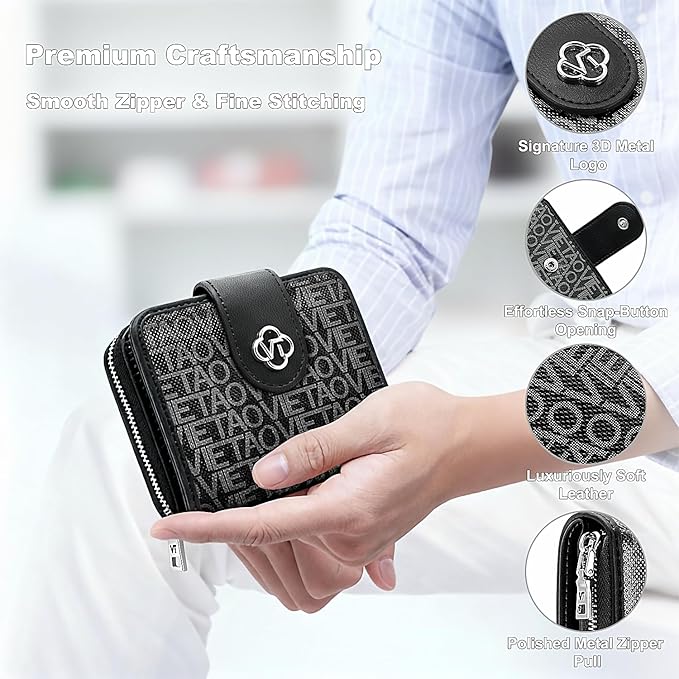 Credit Card Wallets for Women, Leather Cardholder with Zipper Around, Small Rfid Ladies Wallet, Accordion Compact Bifold Purse for Travel, 19 Card Slots, ID Window, Cash Organizer - Black