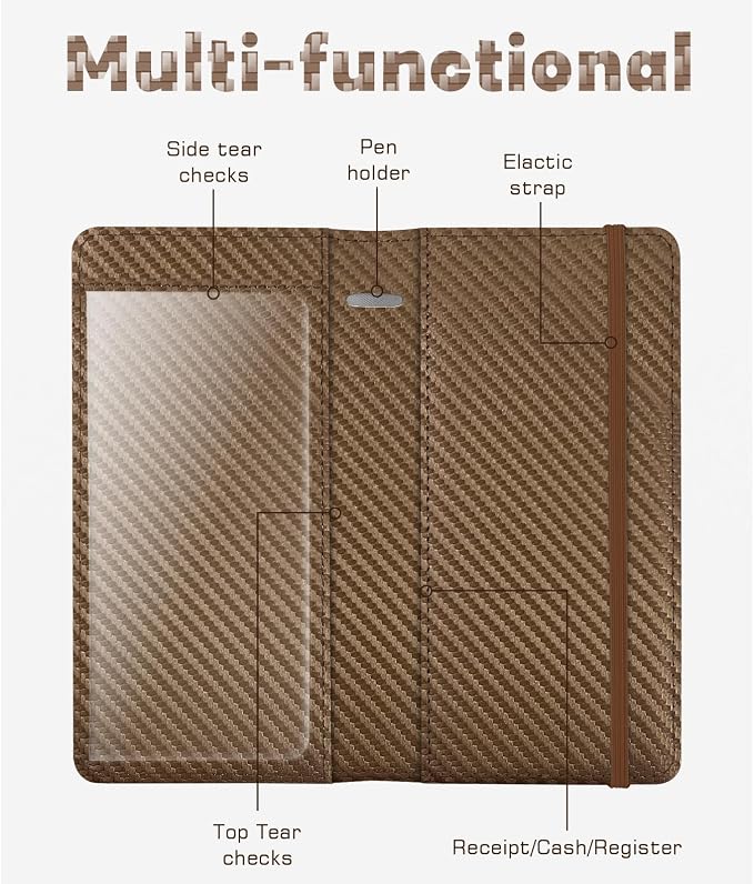 Checkbook Cover for Men Women, Premium Leather Checkbook Holder with RFID Blocking and Built in Clear Plastic Divider for Personal and Business Checks (Brown Carbon)