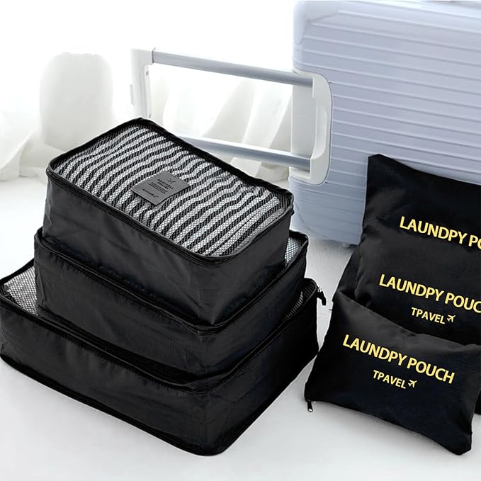 6 Set Packing Cubes for Travel Luggage Packing Bags Reusable Waterproof Suitcase Organizer Bags Set with Shoe Bag and Toiletry Bag (Black)
