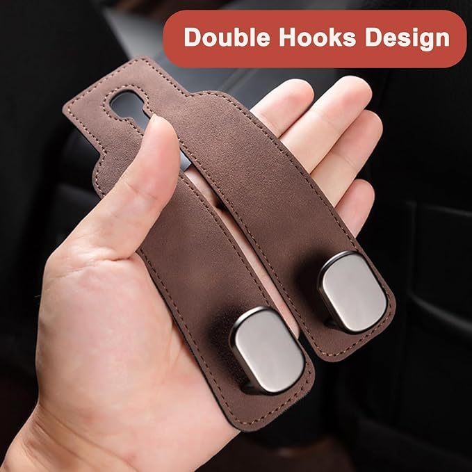 Amelity Car Headrest Hooks, Purse Hook for Vehicle 4 Pack Brown | Universal Car Interior Accessories for Women, Available in 2/4 Pack, Storage Hanger Holds Purses, Backpacks, Grocery Bags