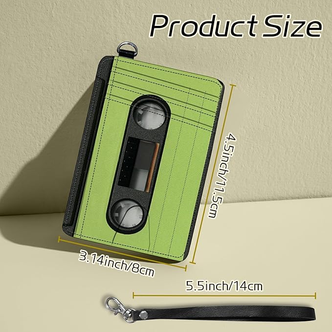 Small Travel Wallets, Green Tape Cassette Slim Minimalist Front Pocket Wallet with Wristlet, RFID Blocking PU Leather Credit Card Holder with ID Window Change Purse for Men Women