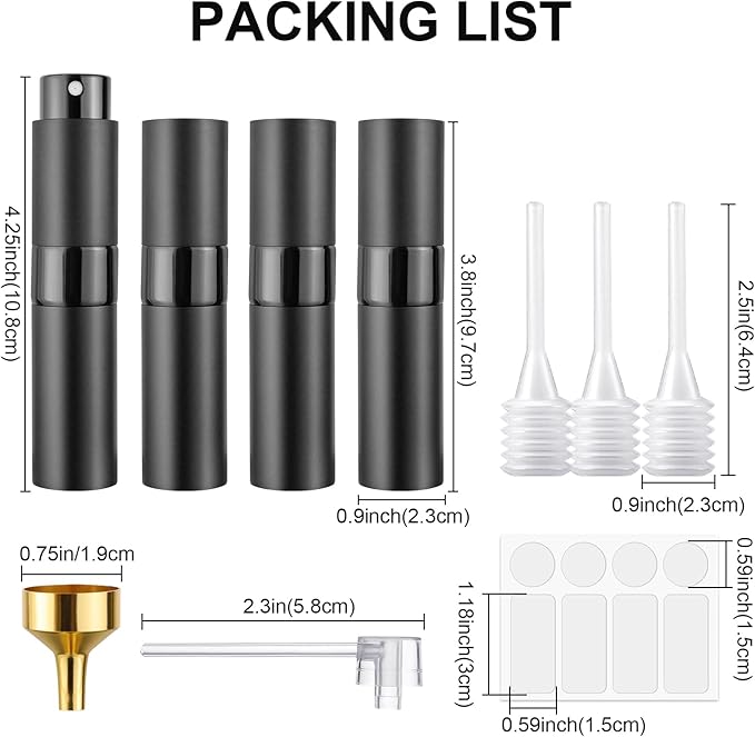 8ML Refillable Perfume Spray Bottles - Travel Atomizer Set with Removable Inner Bottle, Portable Leak Proof Lightweight Sprayer for Fragrances, Essential Oils (Matte Black 4 Pack)