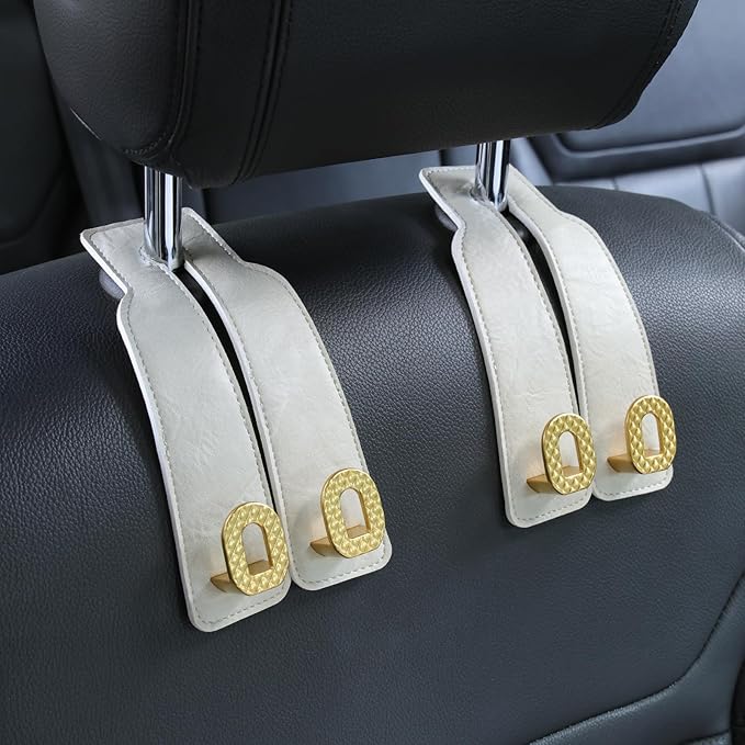 Car Headrest Hooks Universal Car Purse Hook Premium Leather and Alloy Twin Hook Car Seat Back Storage Hanger Hook for Purse Bags Cloth Drink Durable Holder Car Accessories (BH09-White-Gold)