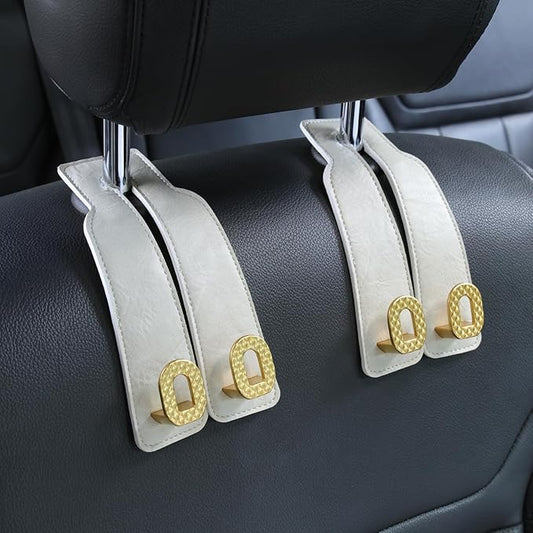Car Headrest Hooks Universal Car Purse Hook Premium Leather and Alloy Twin Hook Car Seat Back Storage Hanger Hook for Purse Bags Cloth Drink Durable Holder Car Accessories (BH09-White-Gold)