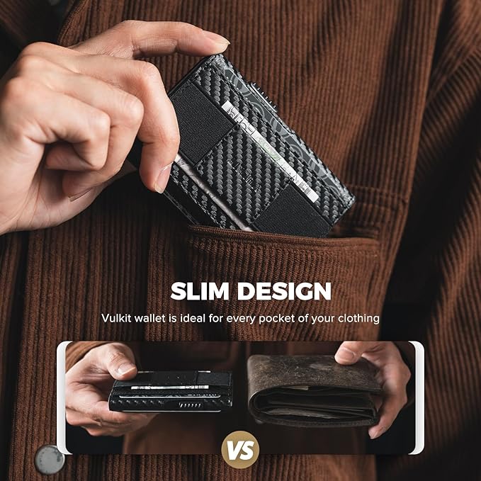 VULKIT Mens Minimalist Wallet for Max. 8 Cards with Pop-Up Credit Card Ejector RFID Blocking, ID Window and Elastic Strap for Bills or Keyring, Gift Box Packed, Carbon Black