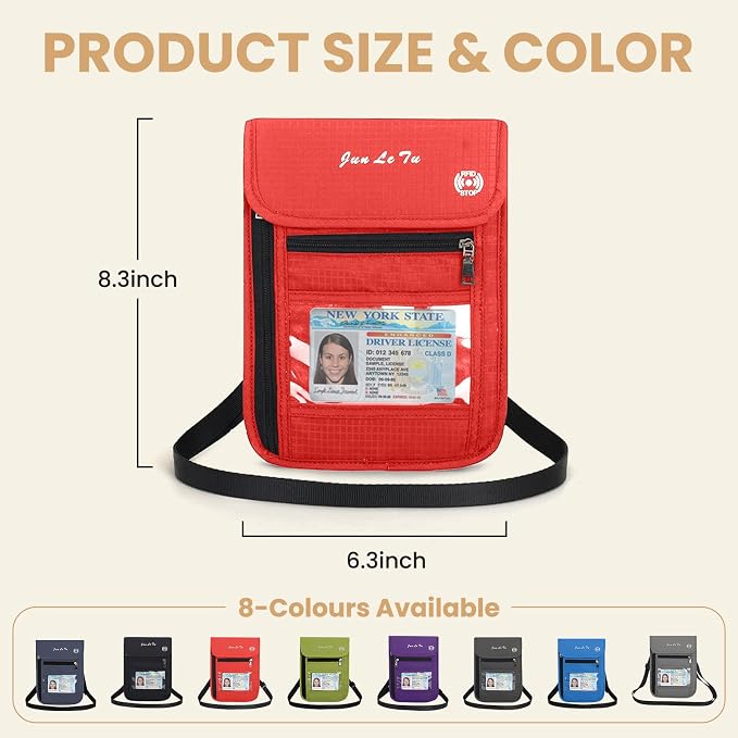 Passport Holder for Travel, RFID Passport Wallet with Visual Window Design, Multifunctional Document Organizer, Waterproof Travel Pouch Neck Wallet for Men and Women, Red