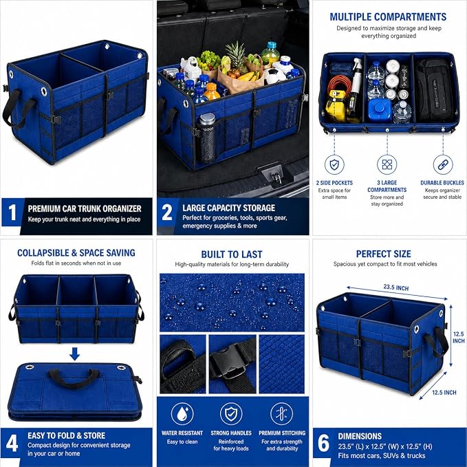 Car Trunk Organizer – Foldable Storage with 3 Compartments, Heavy Duty, Collapsible Cargo Organizer for SUV, Truck & Car (Blue)