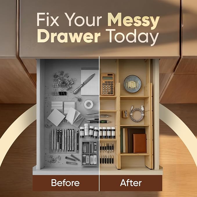 6 Pack Bamboo Drawer Dividers, Adjustable 17–22 Inch Expandable Drawer Organizer for Kitchen, Dresser & Closet, Bamboo Kitchen Drawer Organizer, Drawer Divider Set with 12 Inserts