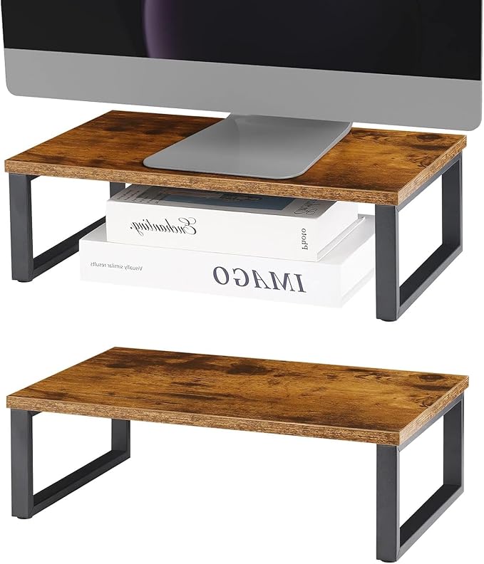 Monitor Stand Riser 2 Pack Laptop Stand Riser Holder Wood Computer Stands Vintage Tabletop Storage Organizer Shelf for Notebook PC Printer Lift Stands TV Risers Wooden Desk Organizers Brown (Brown)