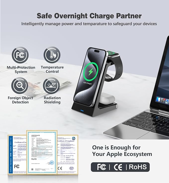 3 in 1 Magnetic Wireless Charging Station Apple 20W Charger Stand Magnetic Wireless Charger for iPhone 16 15 14 13 12 Pro/Pro Max/Plus/Mini AirPods 2/3/Pro iWatch Ultra/8/7/SE/6/5/4/3/2 (3 in 1)