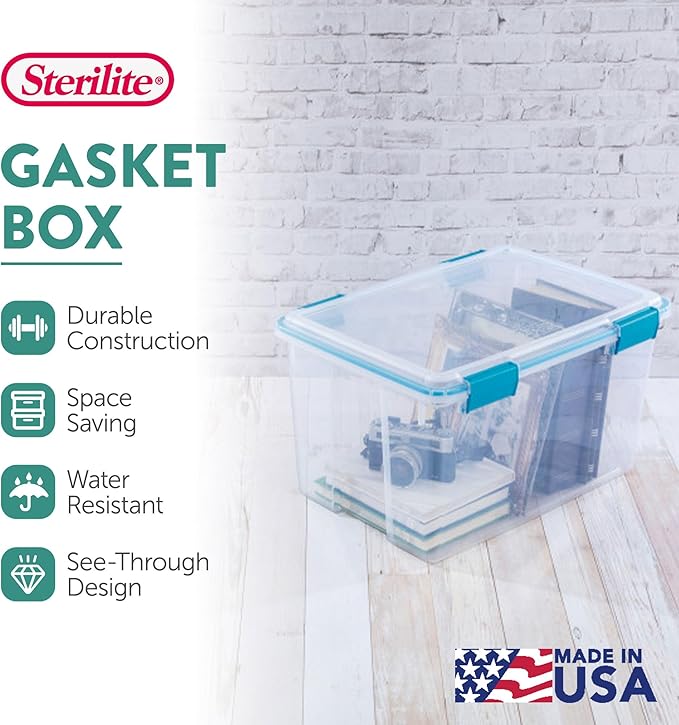 Sterilite 4-Pack 54 Quart Gasket Box, Home Storage Organizer Bins with Lids - Stackable Clear Plastic Containers for Bedroom, Bathroom, Garage, Basement, or Attic