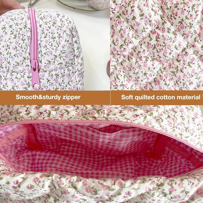 FITINI Makeup Bag Travel Large Portable Quilted Floral Print Cosmetic Organizer Cute Pouch for Women Soft Cotton Zipper Waterproof Toiletry Storage Bags