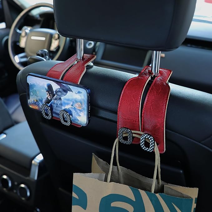 Car Headrest Hooks Universal Car Purse Hook Premium Leather and Alloy Twin Hook Car Seat Back Storage Hanger Hook for Purse Bags Cloth Drink Durable Holder Car Accessories (BH09-Red-Black)