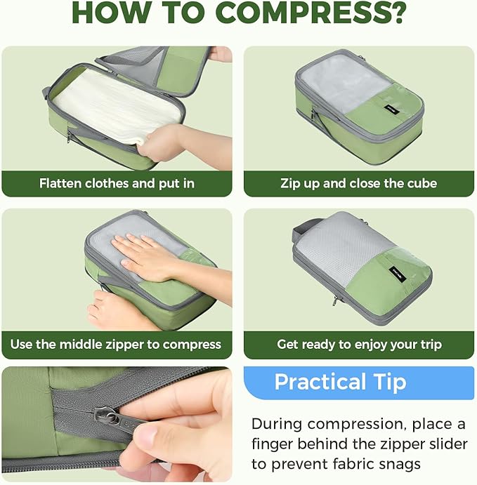 BAGAIL 6 Set Lightweight Compression Packing Cubes with Packing List, Anti-Tearing Expandable Organizer Bags for Travel, Matcha Green