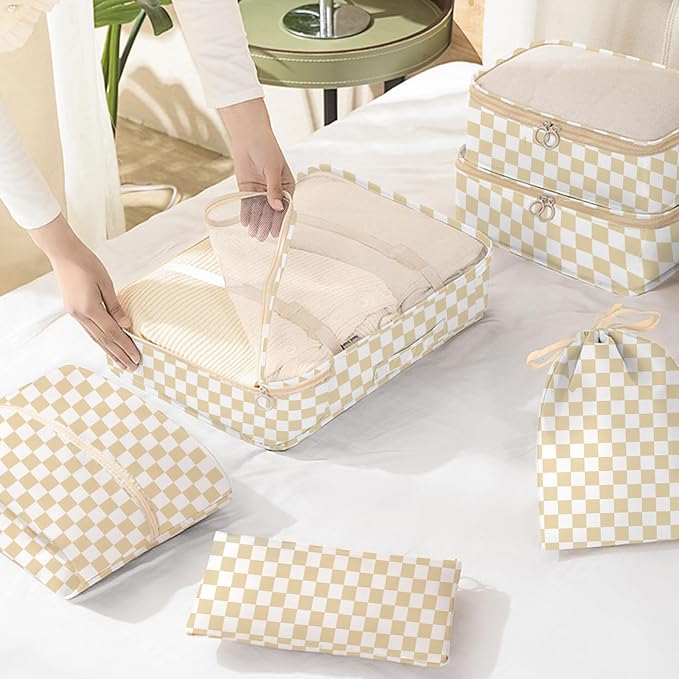 8 Set Packing Cubes for Travel, Luggage Packing Organizers Accessories Large Toiletries Bag for Clothes Shoes Cosmetics (Khaki Checkered)