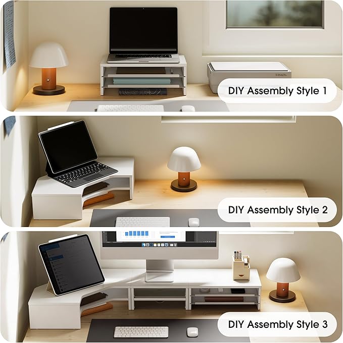 Fenge Dual Monitor Stand, Corner Monitor shelf with Drawer and Slide-Out Tray, 2 Tier Triangle Monitor Riser with Storage, Desk Shelf Organizer for Desk, Home Office, Computer, Laptop, Printer