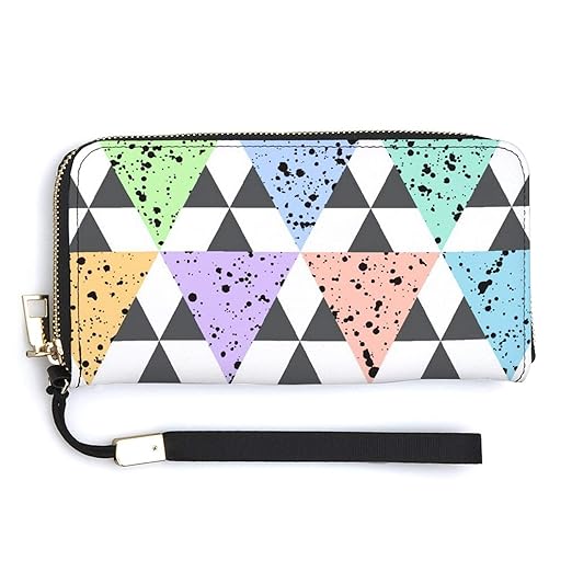 Unisex Zip Around Wallet for Adults Teens Colorful Triangles with Black Splash Geometric Pattern Coin Pouch Cash Pocket PU Leather Wallets Card Holder Organizer Designer Purse with Wristlet Strap