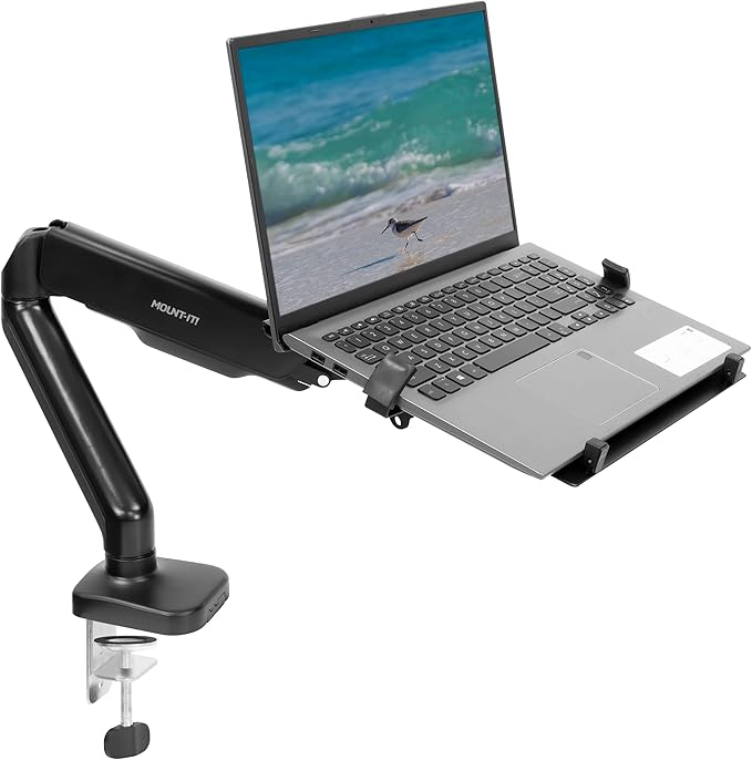 Mount-It! Laptop Desk Mount Arm with Gas Spring, Height Adjustable Laptop Stand for Desk, Fits Laptops up to 17 Inch, Full Motion Laptop Tray Mount with Clamp or Grommet Installation