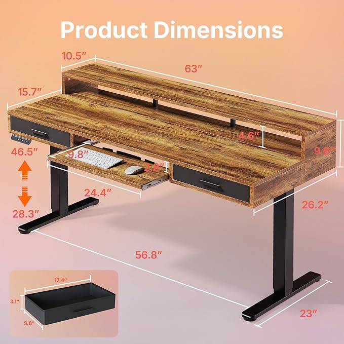 HUANUO 63″ x 26″ Electric Standing Desk with 2 Drawers &24.4″ Large Keyboard Tray, C-Clamp Mount Compatible, Adjustable Computer Desk for Office, Sit Stand Up Desk with 4 Height Presets, Vintage Brown