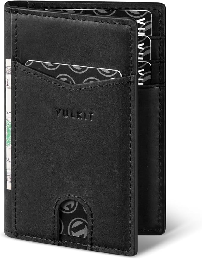 VULKIT Bifold Front Pocket Slim Wallet RFID Blocking Minimalist Thin Genuine Leather Credit Card Holder Wallet for Men and Women Black