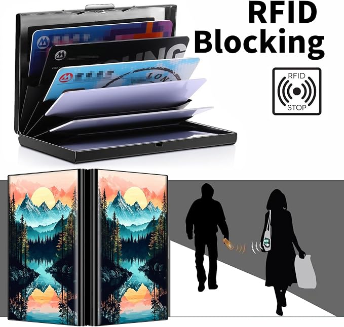 Metal Wallet for Women Men Girls, RFID Blocking Slim Aluminum Credit Card Holder, Mini Travel Wallet with Hard Shell, Lightweight ID & Business Card Case,Mountain Forest Trees