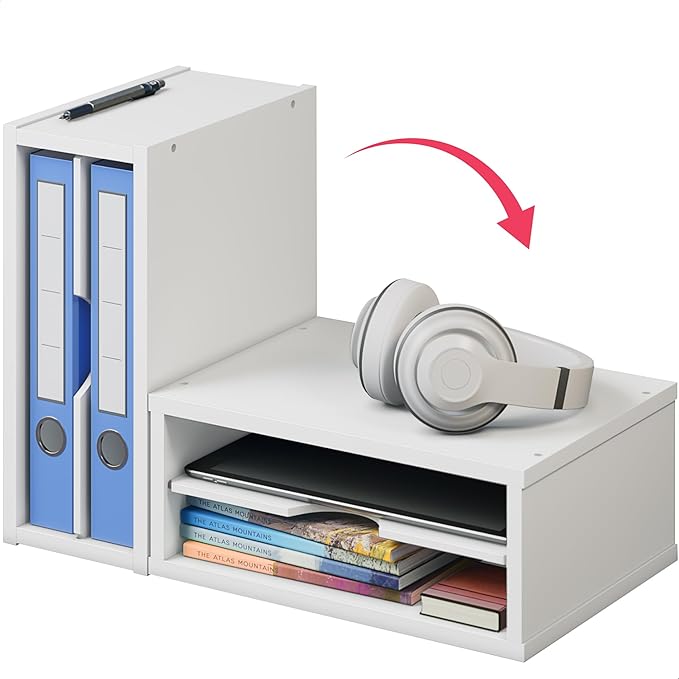 Ballucci File Organizer, 2-Tier Document Paper Sorter, Stackable Wood Desk Organizer Mail Holder, Monitor Stand with Storage Shelves, White