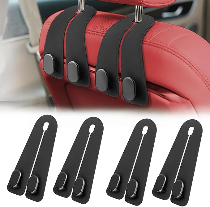 4 Pack Leather Seat Back Hooks - Heavy Duty Double Hooks for Purses, Grocery Bags, Umbrellas & Mask, Car Organizer Accessories (4)