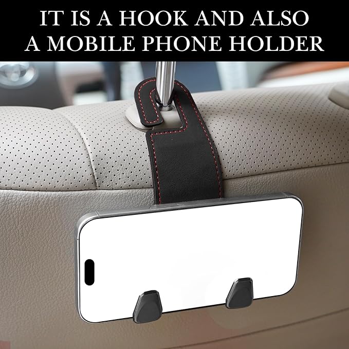 Adorila 2-Pack Car Headrest Hooks | 2-in-1 Vegan Leather Purse Hanger & Phone Holder | Automotive Seat Back Organizers for Bags, Hats or Groceries (Black)