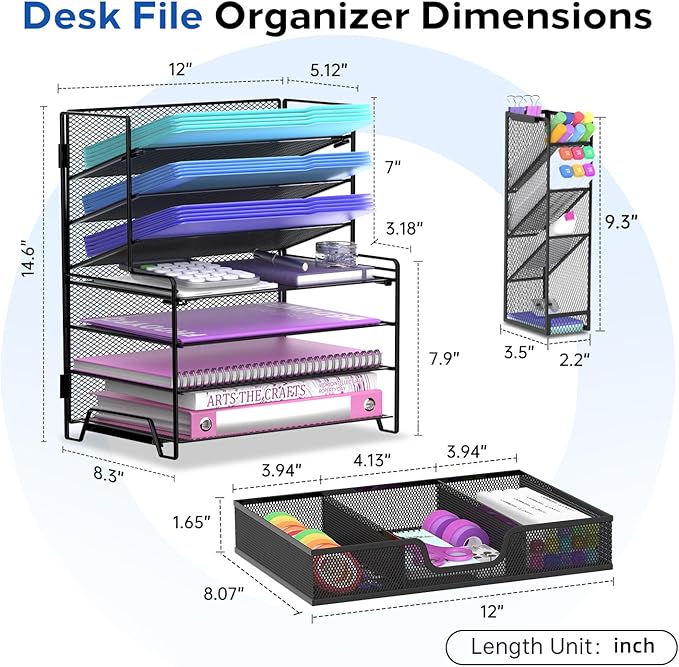 4 Tier Desk Organizer + 3 Tier File Holder + 4 Pen Holders + Drawer, 7 Tier Desk File Organizers, Desk Organizers and Accessories for Office Home School, Black