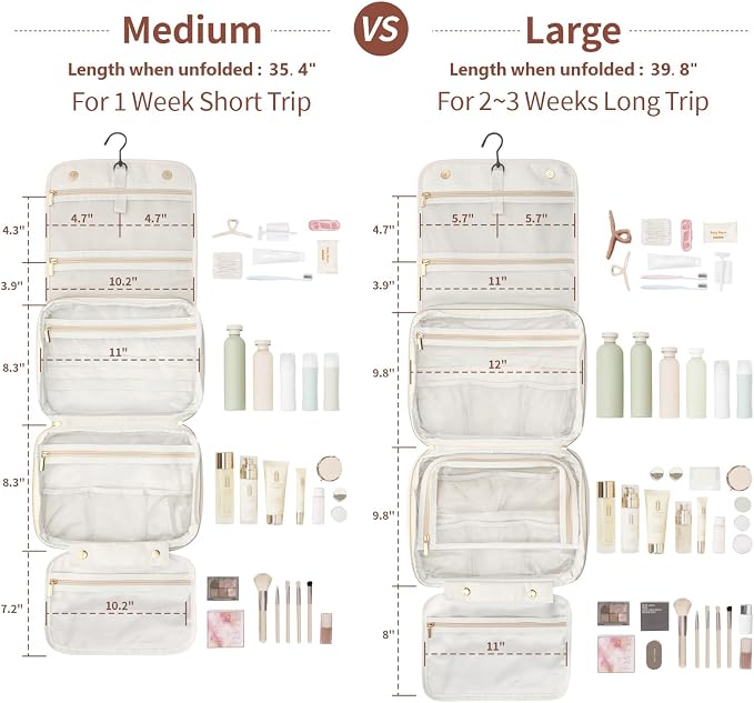 PACKISM Hanging Travel Toiletry Bag for Women - Fabric Travel Makeup Organizer with Detachable Makeup Bag and 4 Smart Large Compartments, for Full-Sized Toiletries, Off White (M)