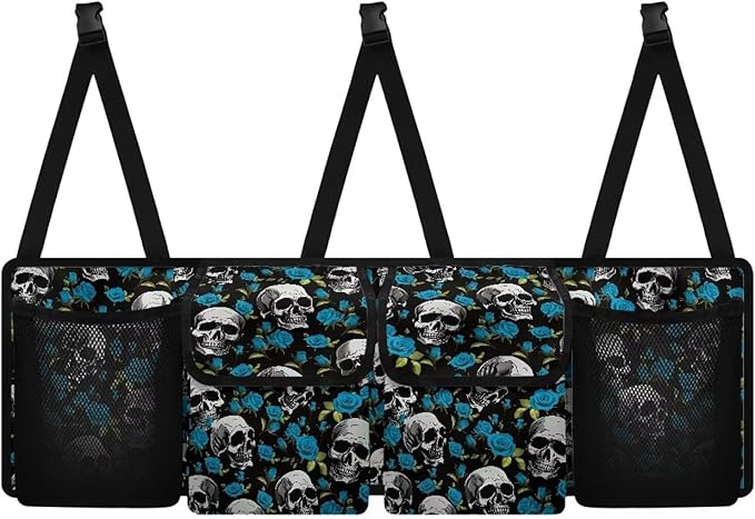 Skull Flower Car Trunk Organizer, 4 Compartment, Waterproof, Hanging, SUV, Sedan, Van, Truck, Bold and Floral