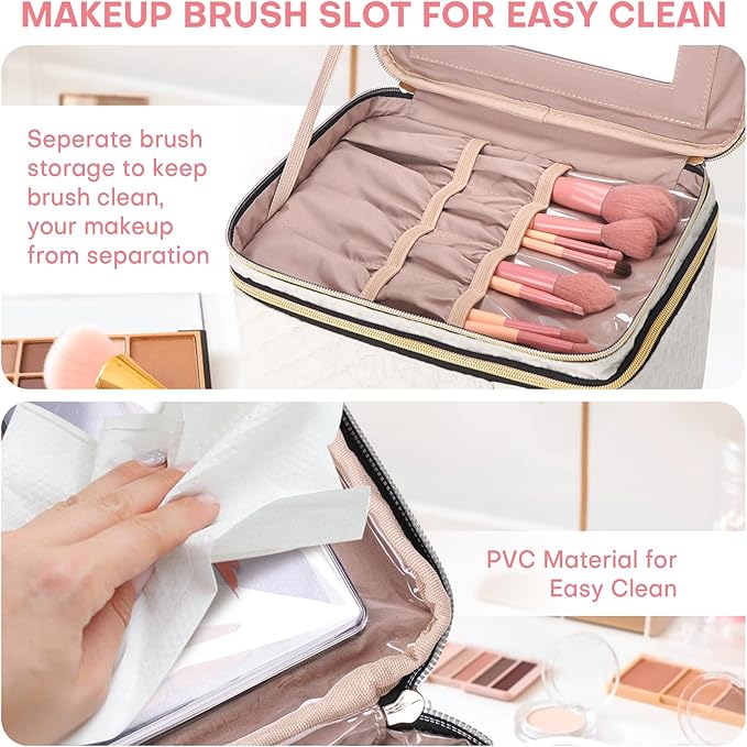 HXLGMD Large Makeup Bag with Mirror Double Layer Travel Make Up Organizer Case, Large Capacity Coemetic with Brush Slot Divider, Travel Toiletry Bag for Women - White/Beige