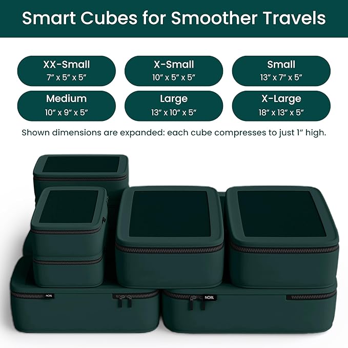 NOBL Travel Compressible Packing Cubes Set, 6 Pieces Travel Packing Organizers, Compression Luggage Cubes for Suitcases & Carry On, Space Saving (XXS, XS, S, M, L, XL) - Forest Green