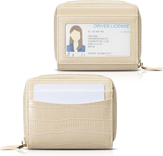 Vulkitty Zipper Credit Card Holder for Women, Leather RFID Blocking Card Wallet, Card Case for Female, Ladies Wallet with Zip Coin Pocket, Champagne Gold