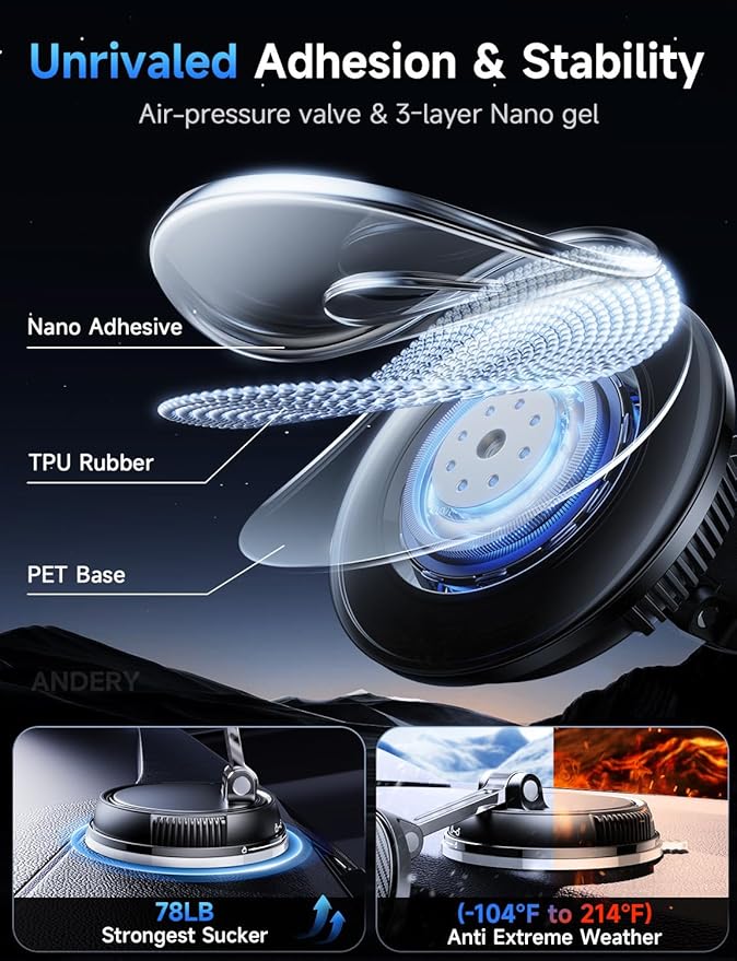 ANDERY Only for iPhone Magsafe Car Mount Charger [15W Wireless Faster Charging, 78+LBS Strongest Suction, 2400gf Strongest Magnetic] 360° Adjustable Car Phone Holder for All Smartphones & Cars