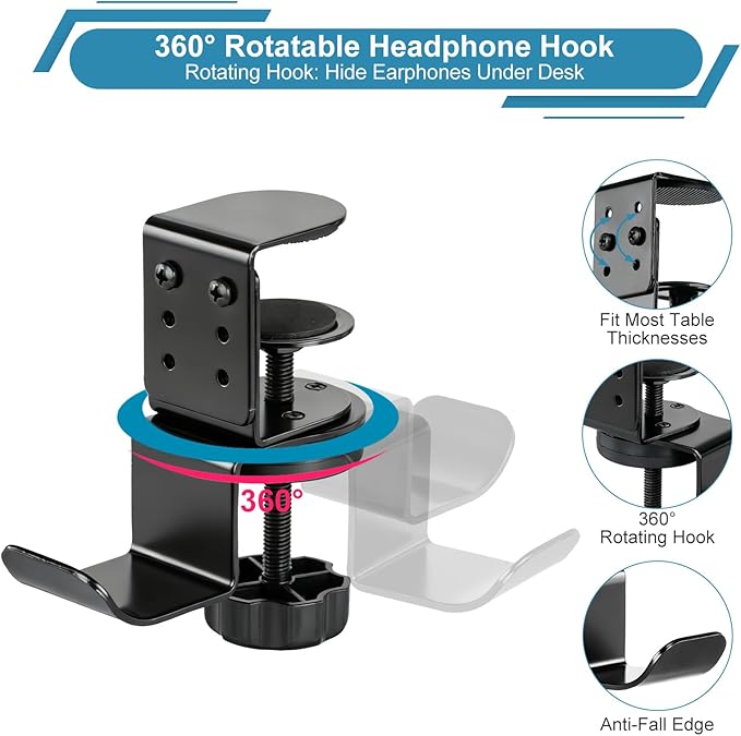 MYITYARD Clamp Mug Hooks Under Desk, Clip On Hook Cup Holder, Desktop Hanging Headphone Hook for Office, Computer Desk, Student Class Desk, Cabinet