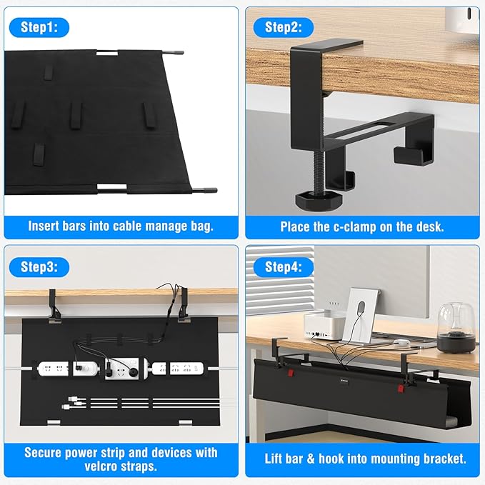 Under Desk Cable Management Tray, No Drill 36" Cord Organizer with Cable Loop, Upgraded Oxford Fabric Wire Management for Office, Home - No Damage to Table