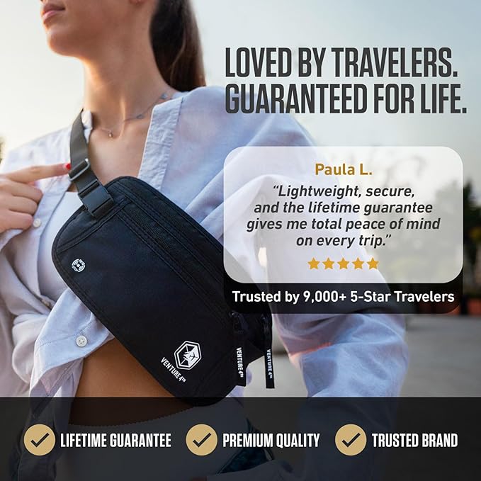 VENTURE 4TH Money Belt for Travel – Hidden Under-Clothes RFID Blocking Passport Holder & Slim Travel Wallet Pouch for Men & Women to Protect Cash, Cards & Documents (Beige)