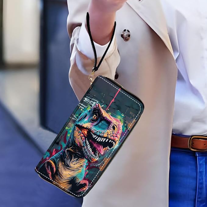 Women's Large Capacity Wallet PU Leather Zip Around Clutch Purse Multifunctional Wallet with Removable Wristlet Strap for Smart Phone/Coin/Card/Cash - Dinosaur