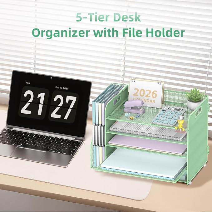 SUPEASY 5-Tier Desk Organizer with File Holder, Desk Organizers and Accessories, Paper Organizer for Desk, Mesh Desktop File Organizer, Workspace Organizers for Office School Home, Green