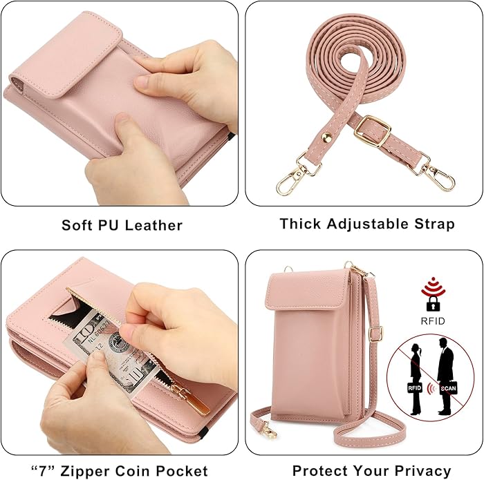 DOB SECHS Leather Passport Wallet Crossbody Phone Bag, RFID Blocking Passport Holder Credit Cards Case for Women
