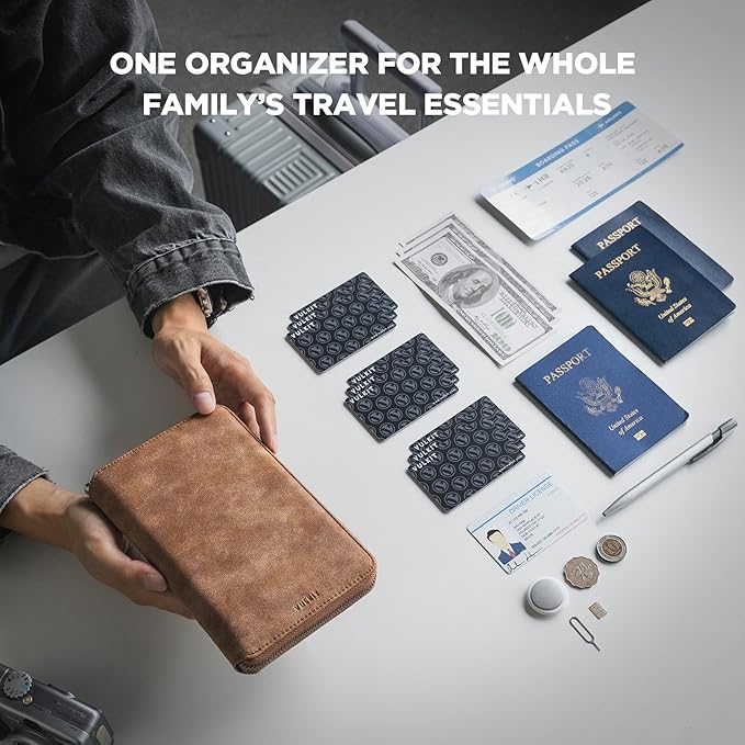 VULKIT Passport Holder for Travel Family, Multiple Travel Document Holder Wallet for a Family of 3-4, RFID Blocking Passport Bag, Document Organizer Pouch for Credit Cards, ID, Sim Card, Cash, Coins