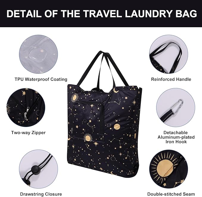 2 Pack Travel Laundry Bag with Handle and Drawstring, Expandable Foldable Dirty Clothes Bags with Hook and Zipper, Lightweight Waterproof Laundry Hamper Liner for Travel, Home, College Dorm,