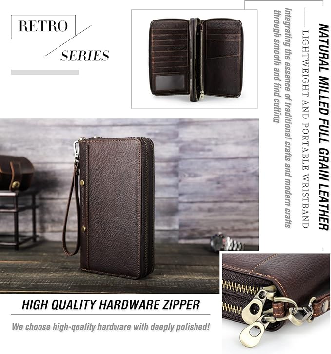 Top Grain Genuine Leather Clutch Wallet with Wristlet for Man & Woman, Handmade Vintage Design, Multi Pockets & Side Pocket & Slots, RFID Large Capacity for Cards/Checks/Money/Passport/Pen, Red Coffee