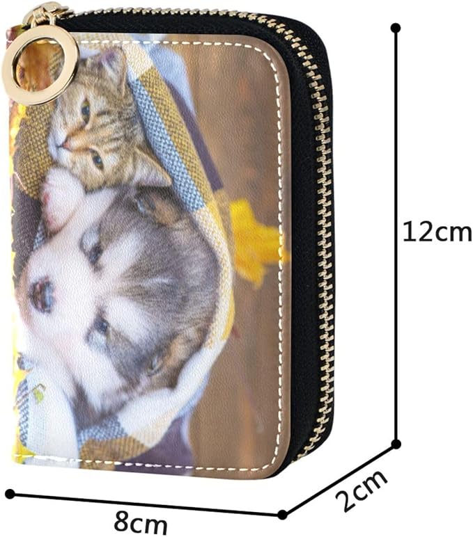 Cute Siberian Husky Cat RFID Credit Card Holder Wallets Accordion for Women Leather Zipper Card Case Accordion Wallet for Ladies Girls