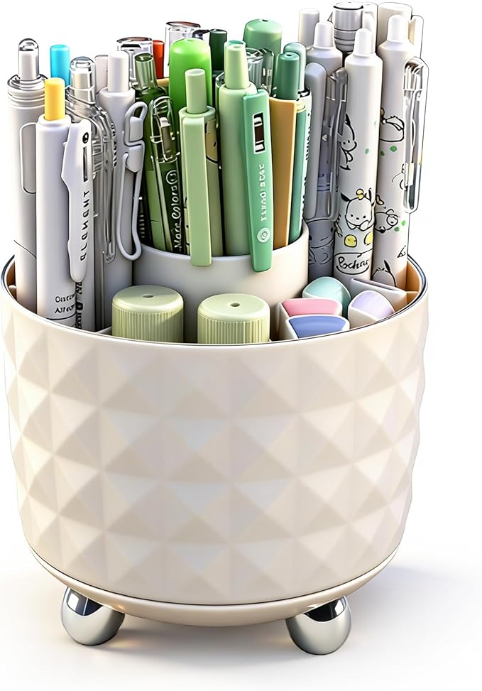 360° Rotating Pencil Holder for Desk, Makeup Brush Holder with 6 Slots, Desk Organizer for Writing Utensil, Office and School Supplies (Milky White)
