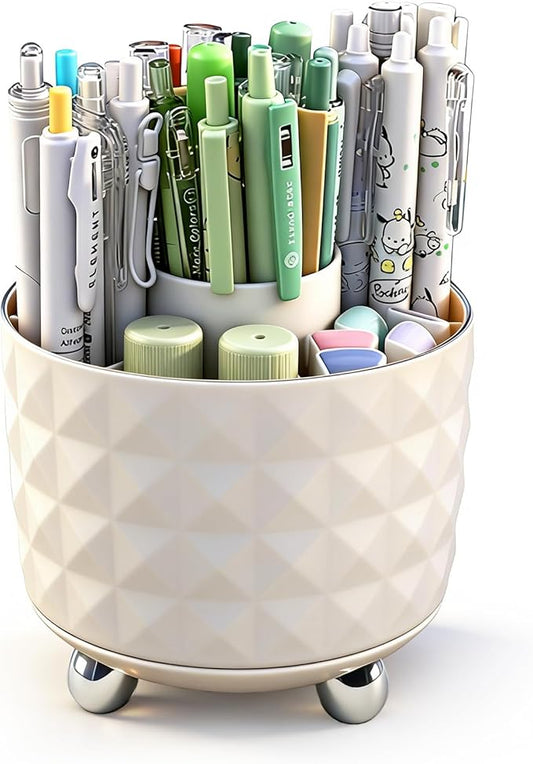 360° Rotating Pencil Holder for Desk, Makeup Brush Holder with 6 Slots, Desk Organizer for Writing Utensil, Office and School Supplies (Milky White)